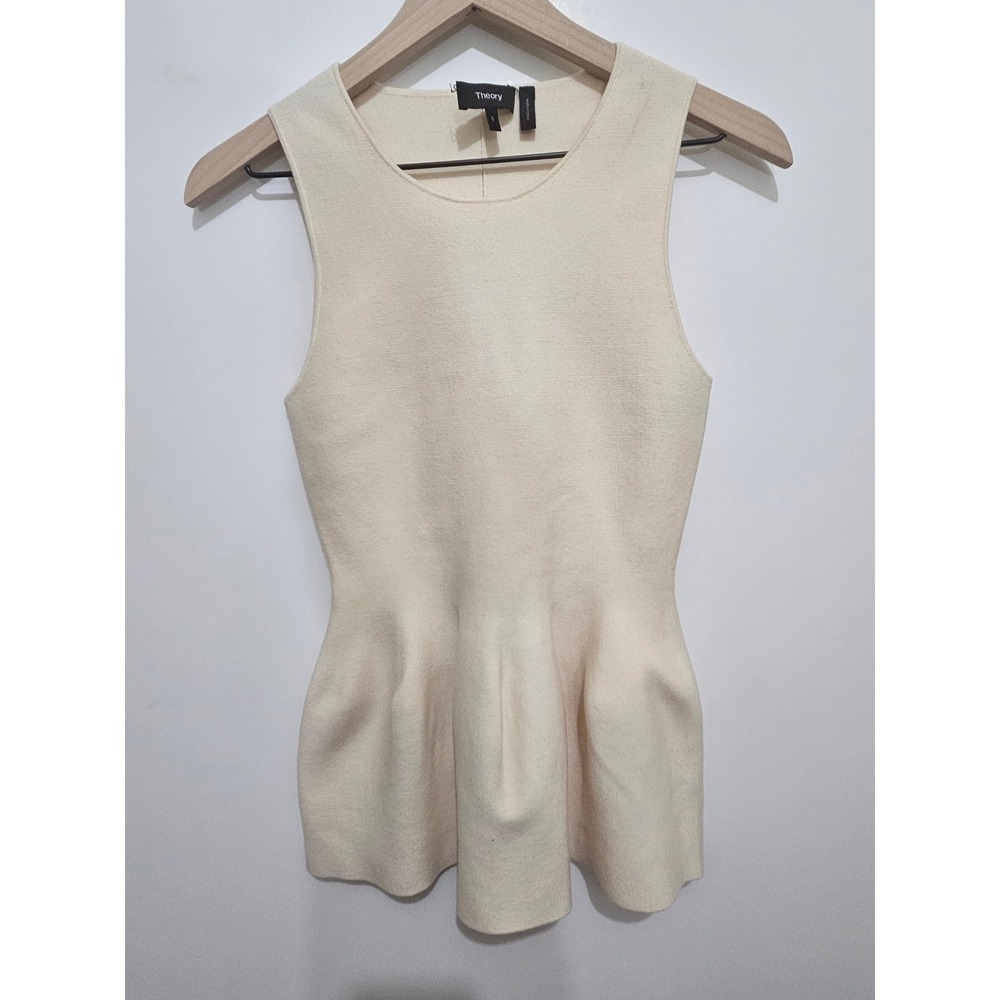 Theory Womens Cream Ivory Sleeveless Peplum Knit Top Round Neck Size S Minimalis